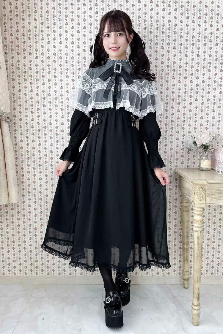 Lace Cape Long Sleeves Bowknot Slim Jirai Kei Japanese Dress 5 Colors - Black/White - 1