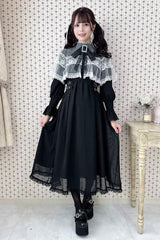Lace Cape Long Sleeves Bowknot Slim Jirai Kei Japanese Dress 5 Colors - Black/White - 1