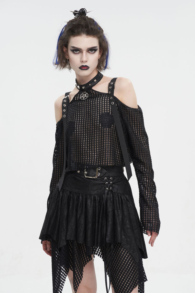 Black Off Shoulder Buckle Sheer Crop Women's Punk Shirt - Product - 2