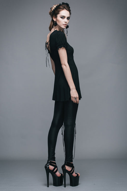 Black Patterned Lace Neck Short Sleeves Womens Mid-Length Gothic T-Shirt - Product - 7