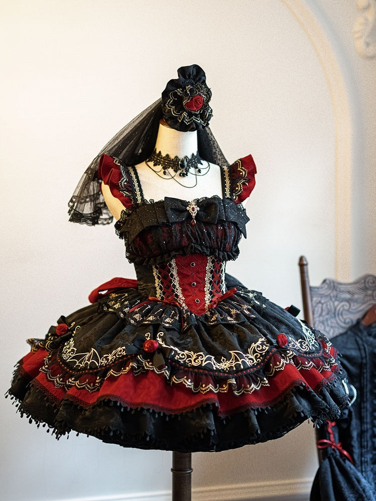Black & Red Bat Embroidery Gothic Lolita JSK Dress detail view 3