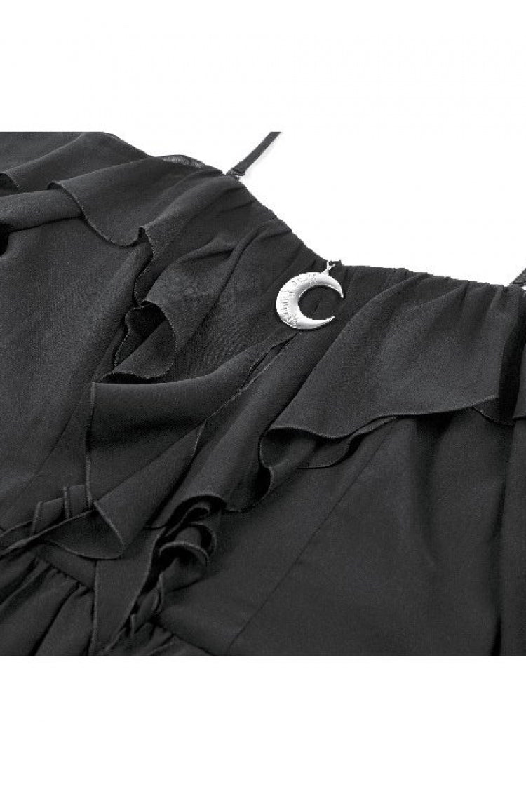 Black Moon Charm Off Shoulder Long Puff Bishop Sleeves Layered Ruffled Hem Women's Gothic Slip Dress - Product - 14