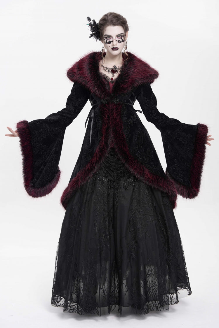 Red Long Sleeves Floral Embroidery Women's Gothic Fluffy Coat - Product - 4