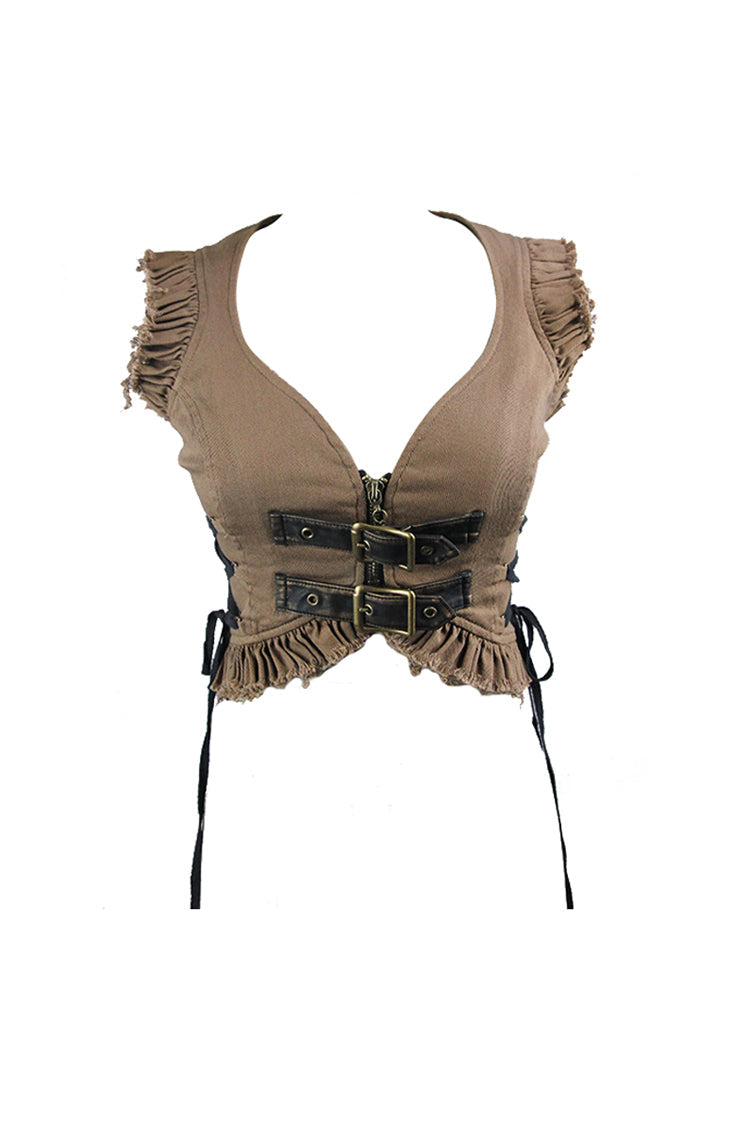 Brown Hand-Rubbed Leather Low Collar Loop Side Lace-Up Frill Hem Short Women's Punk Waistcoat - Product - 7