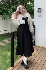 Black/White V Collar Off Shoulder Long Sleeves Ruffled Bow Faux Two-Piece Classic Plus Size Lolita Dress - Product - 5