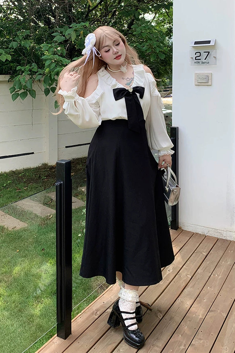 Black/White V Collar Off Shoulder Long Sleeves Ruffled Bow Faux Two-Piece Classic Plus Size Lolita Dress - Product - 5