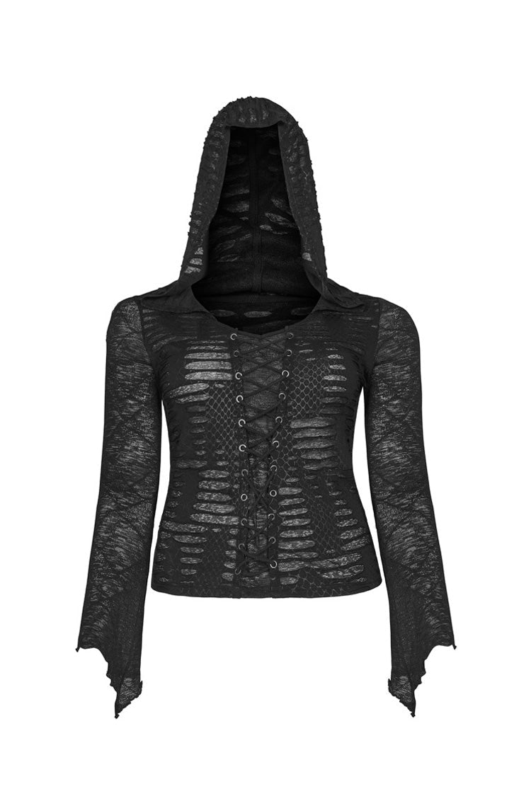 Black Front Chest Lace-Up Flare Sleeve Splice Mesh Plus Size Broken Holes Knit Hooded Women's Punk T-Shirt - Product - 5