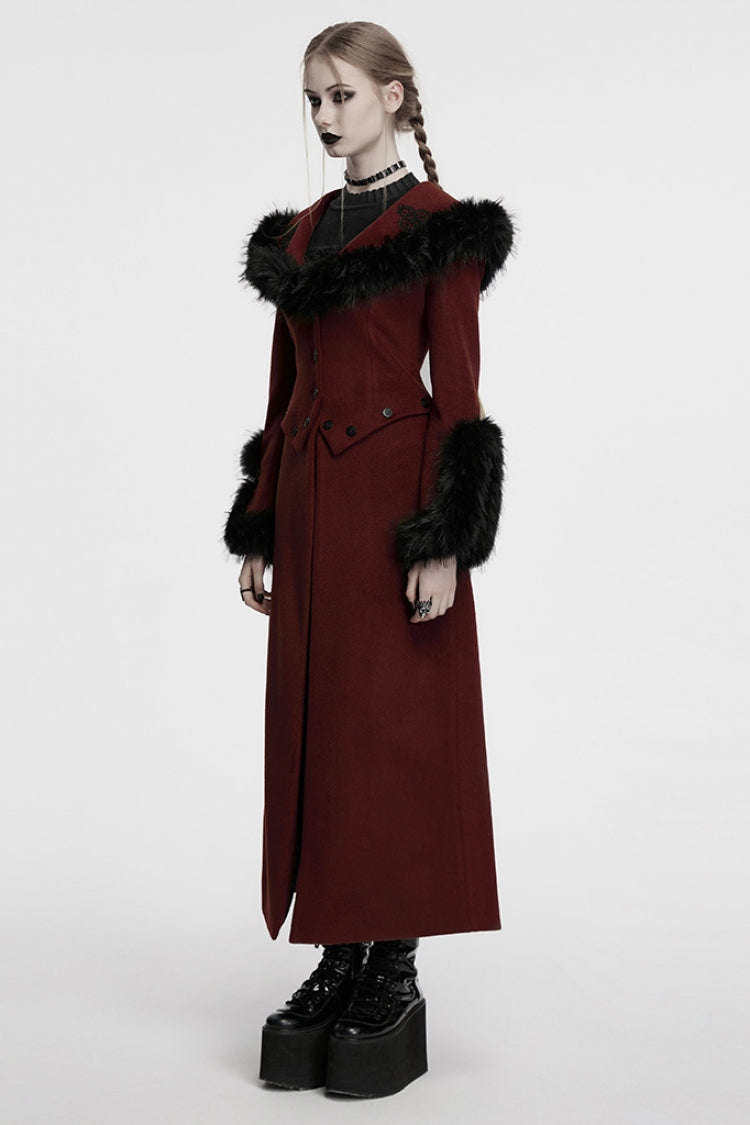 Red Long Sleeves Faux Fur Stitching Lace-Up Detachable Women's Gothic Coat - Product - 2