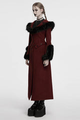 Red Long Sleeves Faux Fur Stitching Lace-Up Detachable Women's Gothic Coat - Product - 2