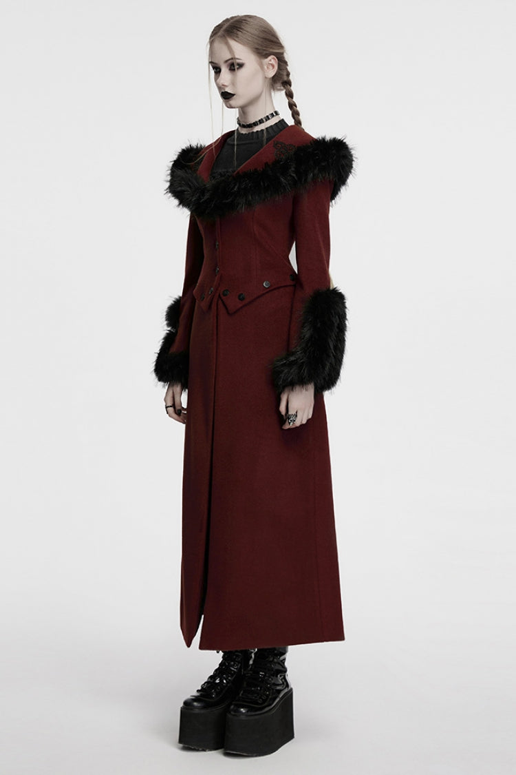 Red Long Sleeves Faux Fur Stitching Lace-Up Detachable Women's Gothic Coat - Product - 2