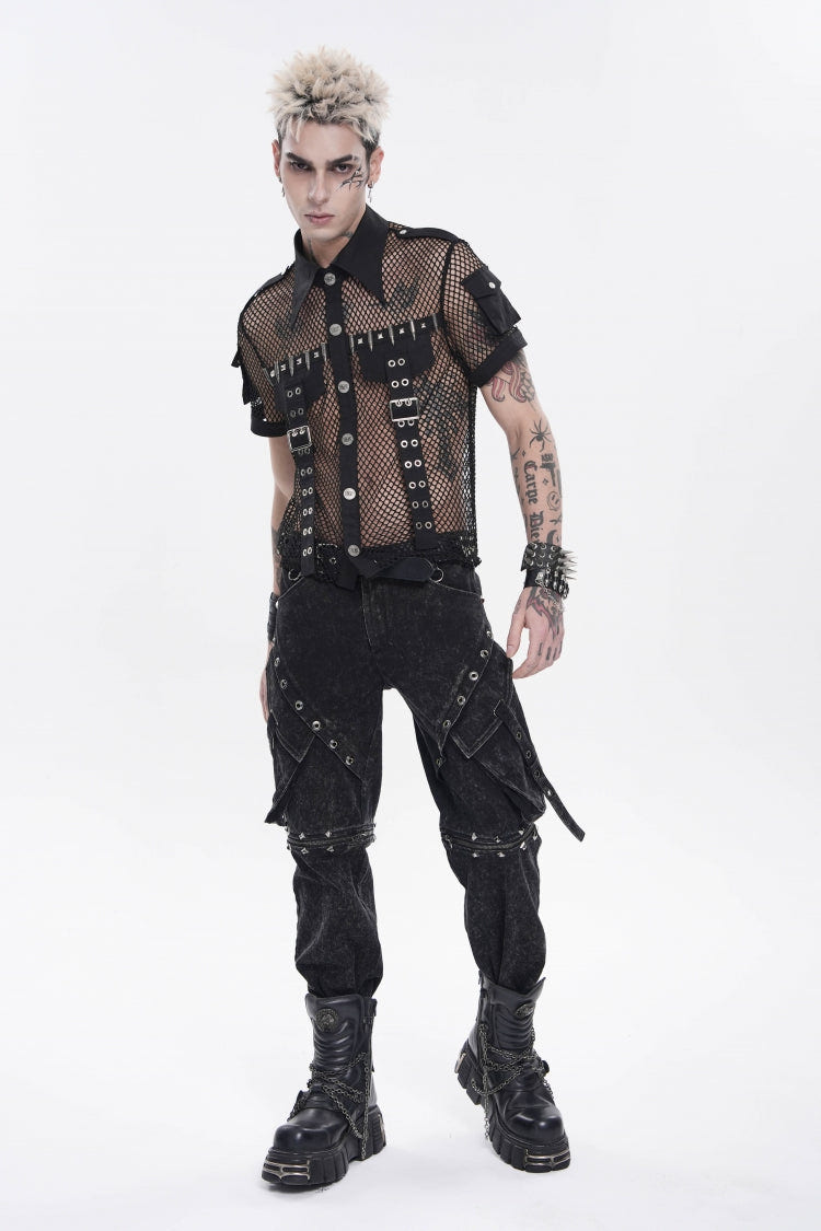 Black Lapel Collar Short Sleeves Cut-Out Spliced Sheer Mesh Studded Eyelet Men's Punk Small Pockets Cool Shirt - Product - 6