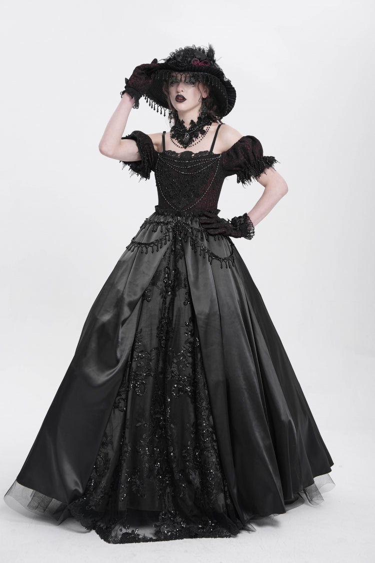 Black Off Shoulder Short Sleeves Jacquard Cardigan Stitching Lace Women's Gothic Dress - Product - 3