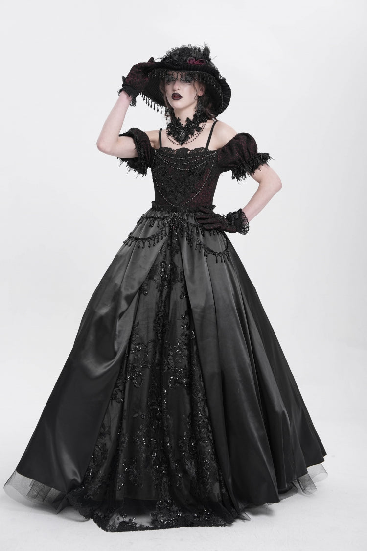 Black Off Shoulder Short Sleeves Jacquard Cardigan Stitching Lace Women's Gothic Dress - Product - 3