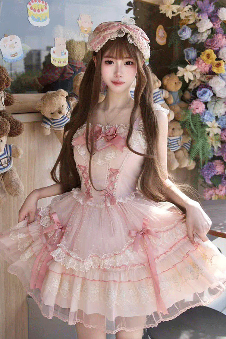 Pink [Candy House] Sleeveless Ruffle Bowknot Lace Lace-Up Sweet Lolita Jsk Dress - Product - 14