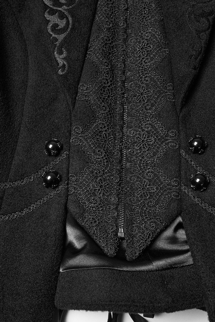 Black Stand Collar Long Sleeves Embroidered Lace-Up Zippered Women's Gothic Jacket - Product - 7
