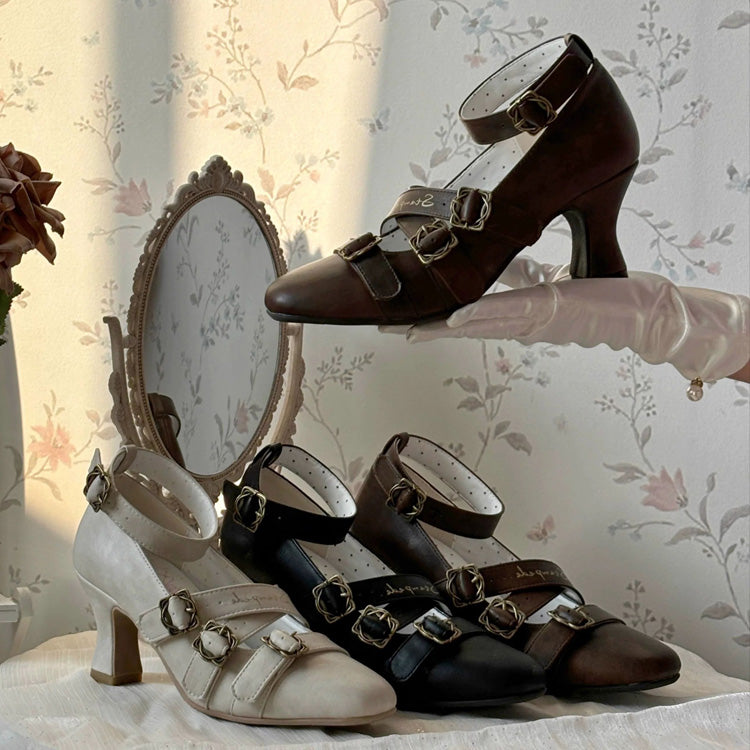 Square-Toe Cross Bandage High Heel Lolita Shoes 3 Colors - Product - 3