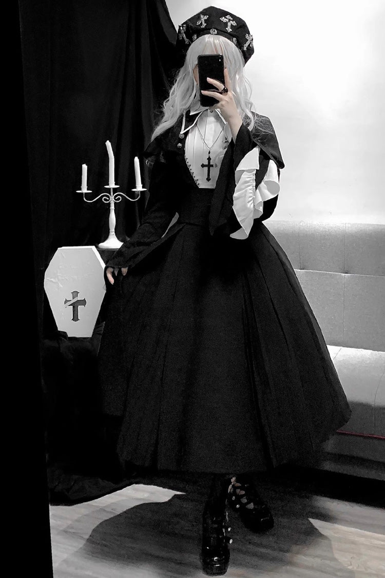 Black Cross Salute Nun Long Sleeves Ruffle Plus Size Gothic Lolita Strap Dress Set - Product - 7