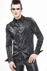 Black Twill Fold Collar Sharp Corner Cuff Light Metal Ring Webbing Men's Punk Shirt - Product - 2