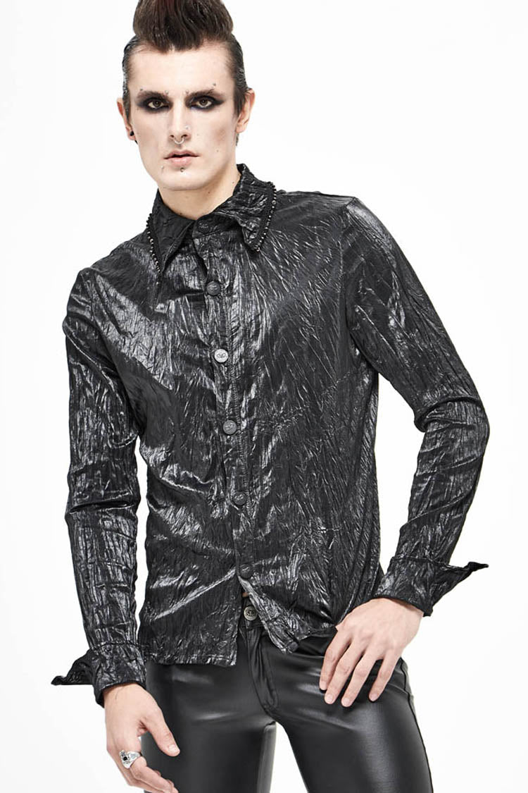 Black Twill Fold Collar Sharp Corner Cuff Light Metal Ring Webbing Men's Punk Shirt - Product - 2