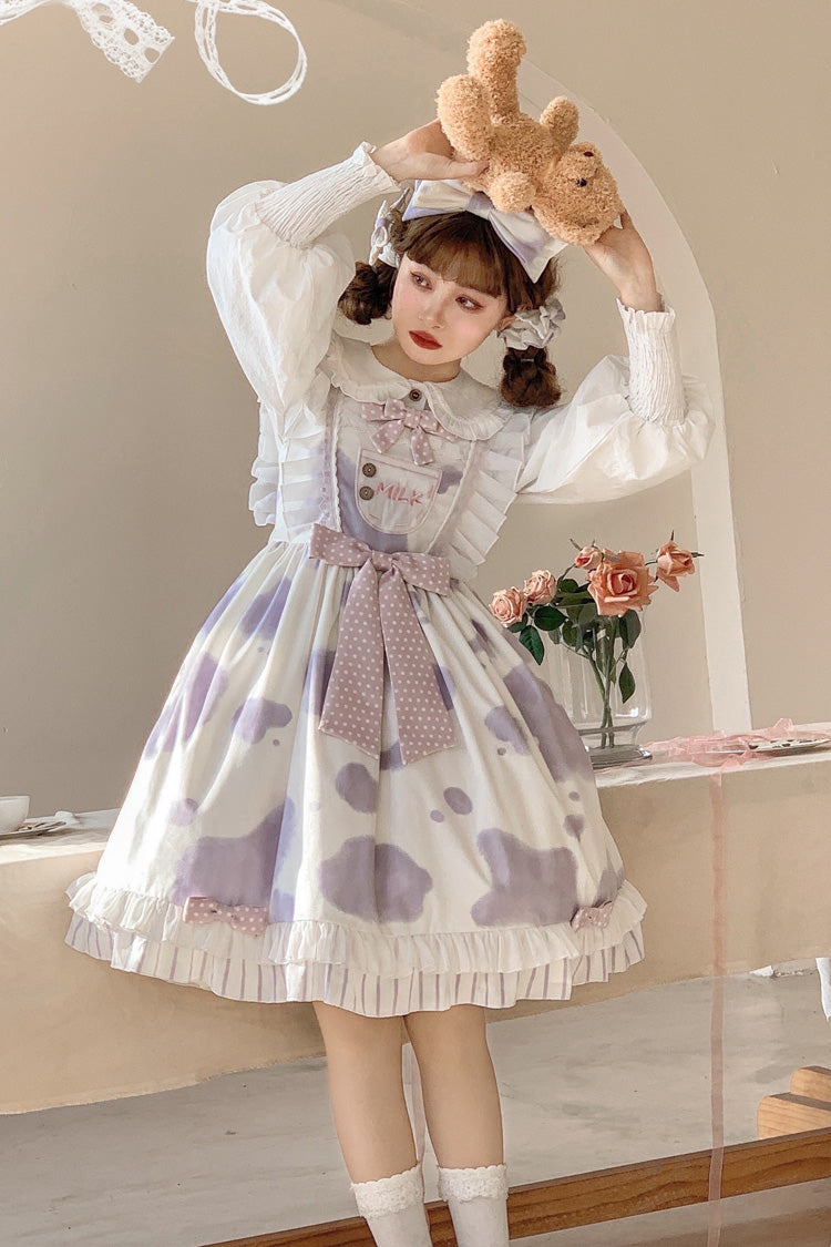 Milk Cow Print Ruffle Bowknot Sweet Lolita Jsk Dress 5 Colors - Purple - 4