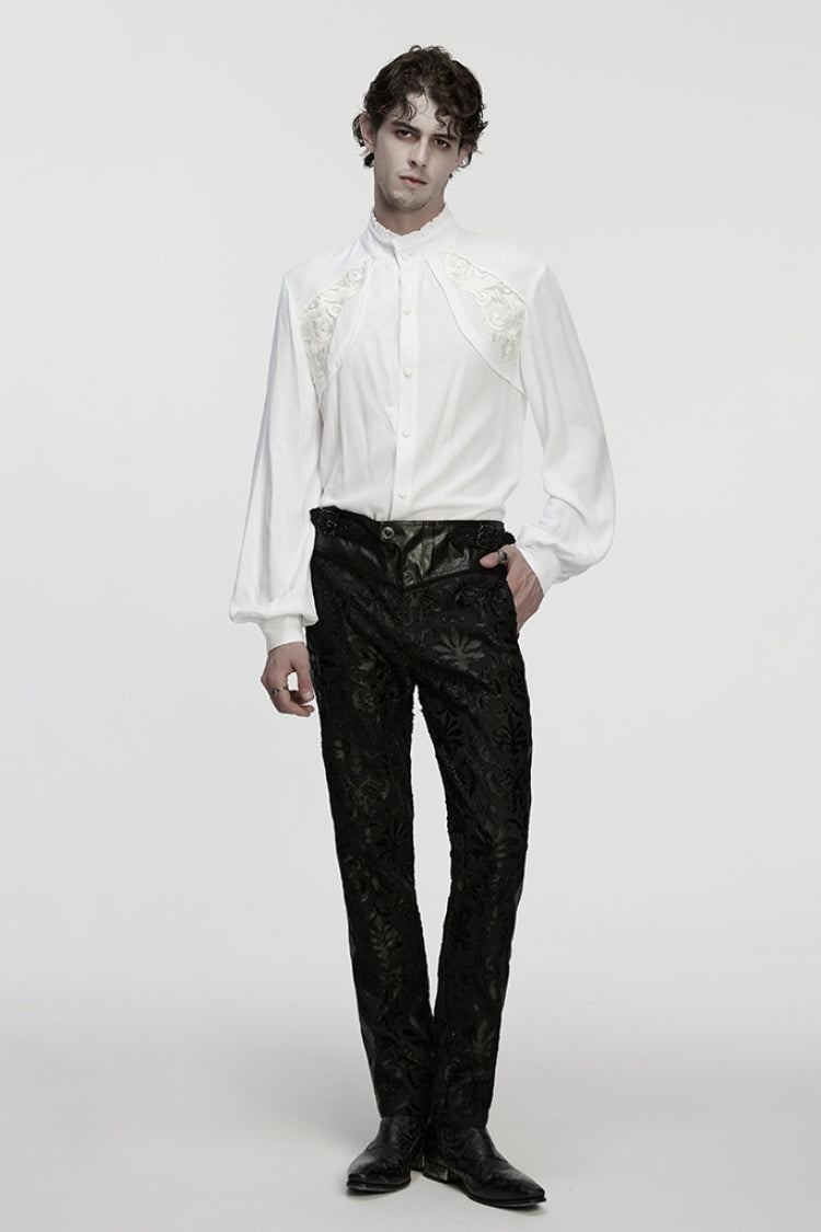 White Stand Collar Long Lantern Sleeves Floral Jacquard Men's Gothic Blouse - Product - 4