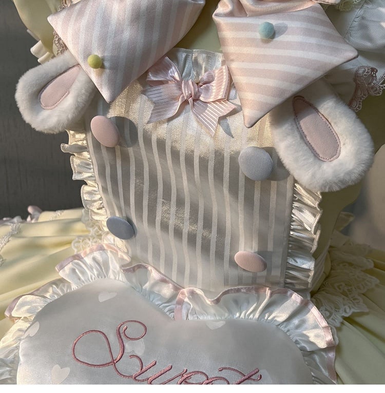 Yellow & Pink Bunny Maid Sweet Lolita Puff Sleeve Dress detail view 11
