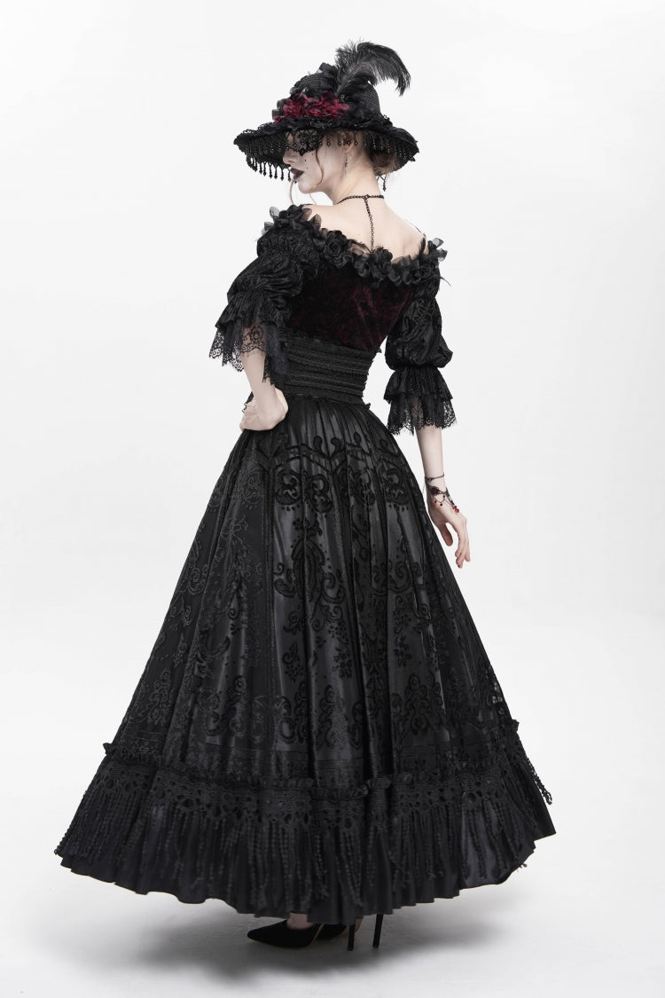 Black Jacquard Embroidery Buckle Tassels Women's Gothic Long Skirt - Product - 12
