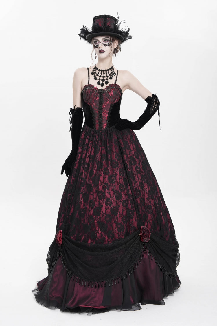 Red Jacquard Embroidery Floral Beaded Women's Gothic Long Slip Dress - Product - 5