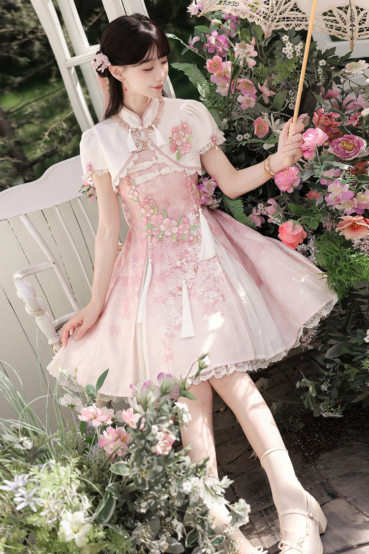 Pink [Whispers on Falling Cherry Blossoms] Printed Embroidered Tassel Sweet Classic Chinese Style Lolita Jsk Dress Set - Product - 12
