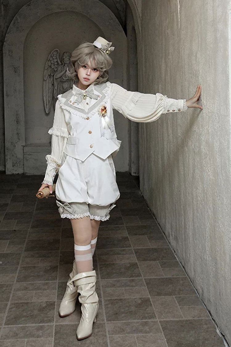 White [Candy Shop] V Collar Sleeveless Bow Lace Sweet Ouji Lolita Shorts Vest Set - Product - 2