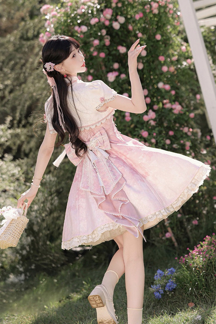 Pink [Whispers on Falling Cherry Blossoms] Printed Embroidered Tassel Sweet Classic Chinese Style Lolita Jsk Dress Set - Product - 3