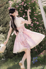 Pink [Whispers on Falling Cherry Blossoms] Printed Embroidered Tassel Sweet Classic Chinese Style Lolita Jsk Dress Set - Product - 3