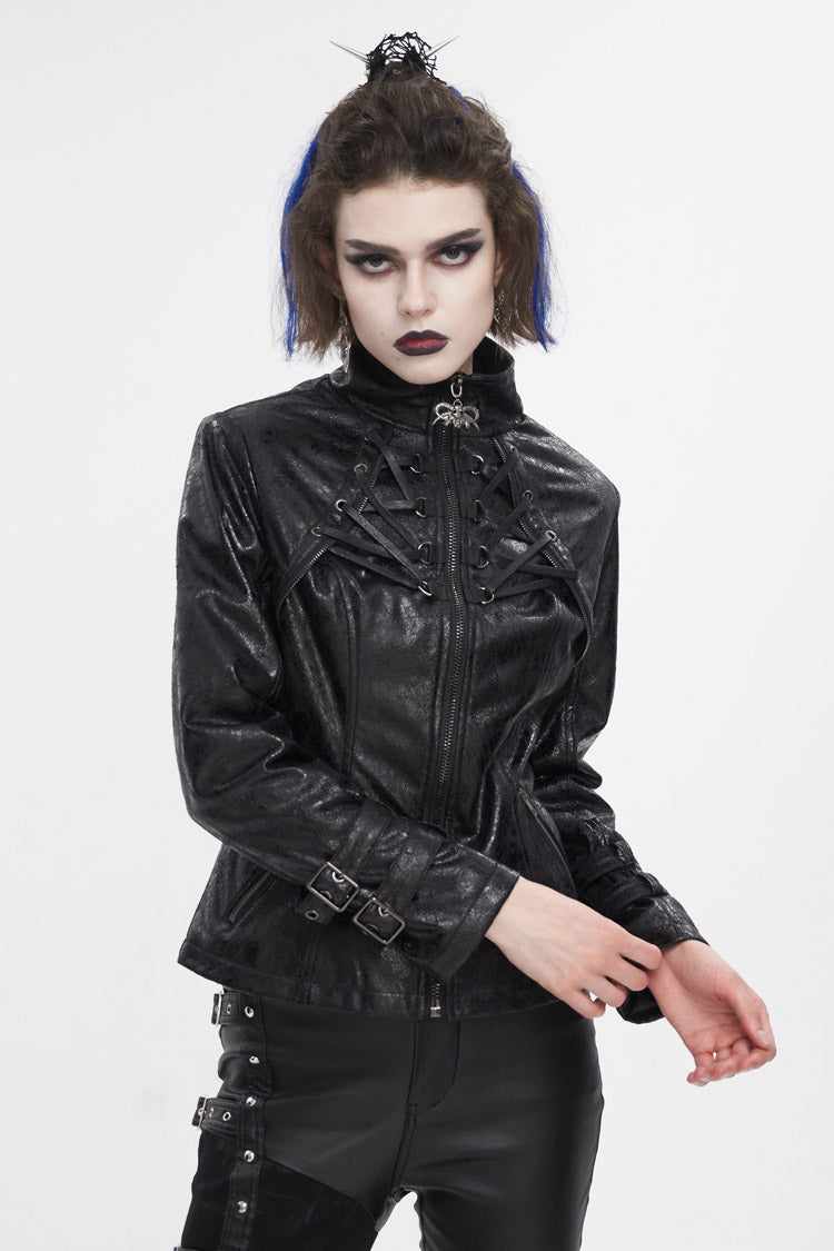 Black Stand Collar Crackled Buckle Women's Punk Jacket - Product - 2