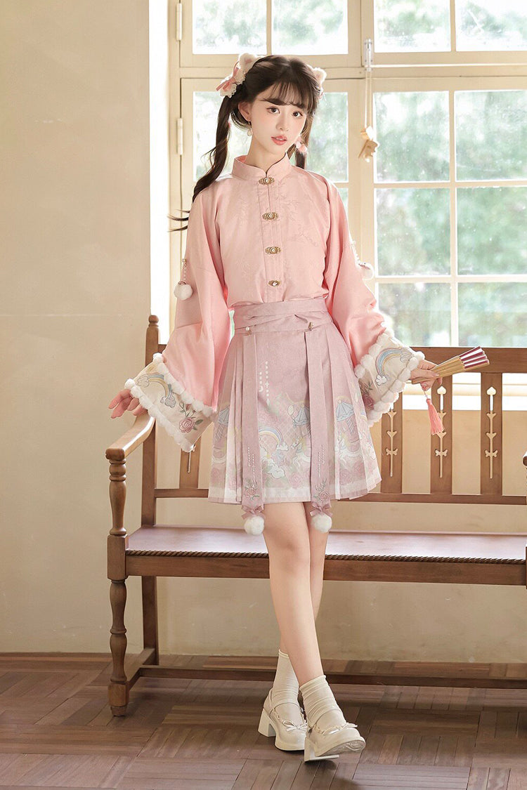 White/Pink [Miracle Pony] Round Collar Long Sleeves High Waisted Printed Women's Sweet Hanfu Dress Set - Product - 8