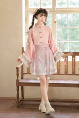 White/Pink [Miracle Pony] Round Collar Long Sleeves High Waisted Printed Women's Sweet Hanfu Dress Set - Product - 8