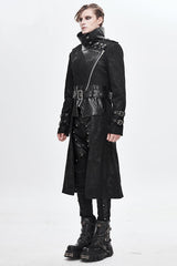 Black Open Collar Printed Belted Long Mens Punk Coat - Product - 3
