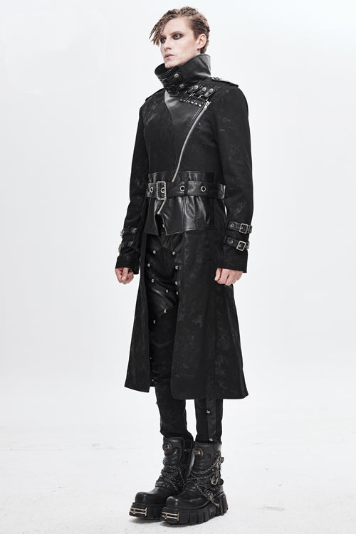 Black Open Collar Printed Belted Long Mens Punk Coat - Product - 3