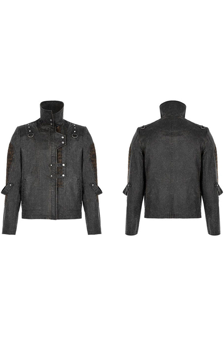 Grey Punk Post Apocalyptic Stitching Asymmetric High Neck Metal Embellished Short Loose Men's Coat - Product - 5
