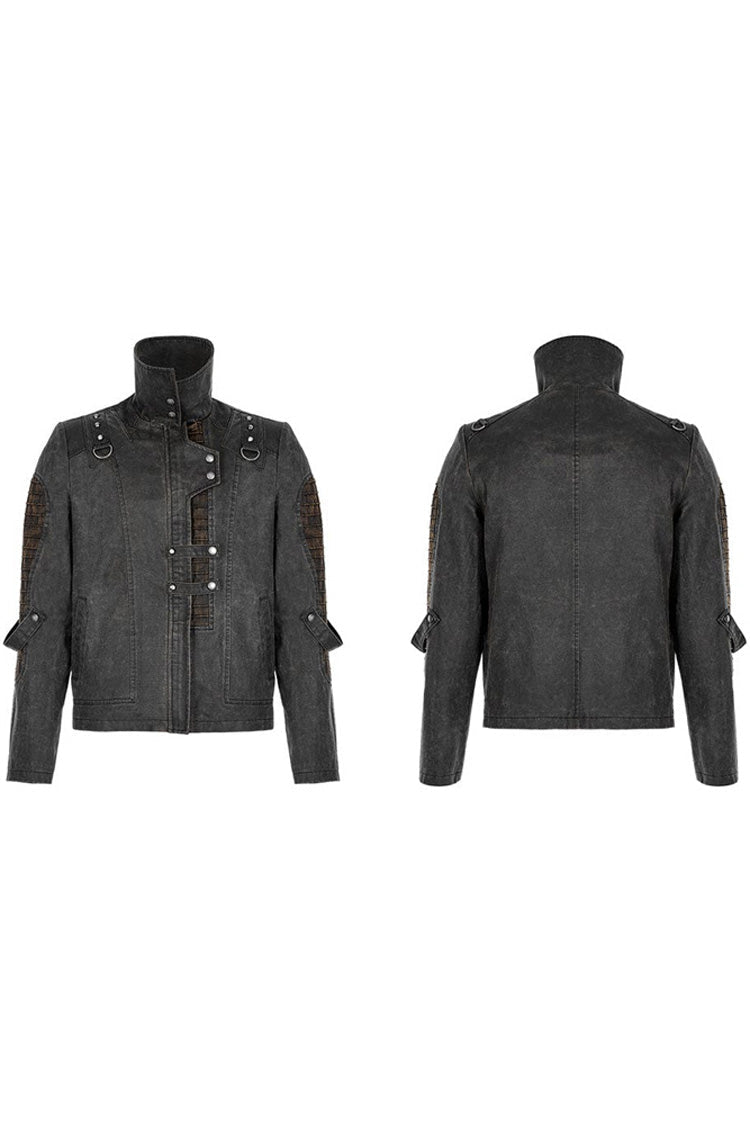 Grey Punk Post Apocalyptic Stitching Asymmetric High Neck Metal Embellished Short Loose Men's Coat - Product - 5