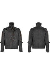 Grey Punk Post Apocalyptic Stitching Asymmetric High Neck Metal Embellished Short Loose Men's Coat - Product - 5