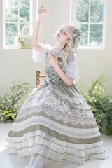 Green [Teacup Rabbit] Multi-Layered Print Ruffle Embroidery Bowknot Lace Asymmetric Sweet Elegant Lolita Jsk Dress - Product - 12