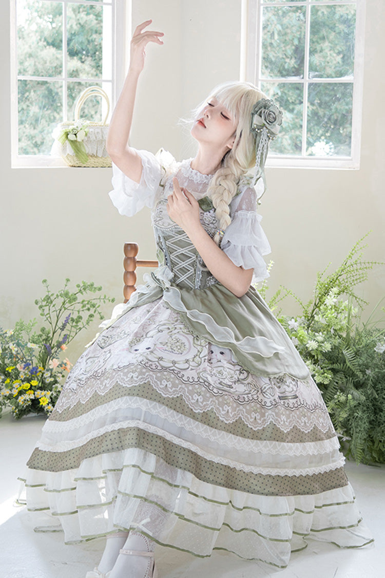 Green [Teacup Rabbit] Multi-Layered Print Ruffle Embroidery Bowknot Lace Asymmetric Sweet Elegant Lolita Jsk Dress - Product - 12