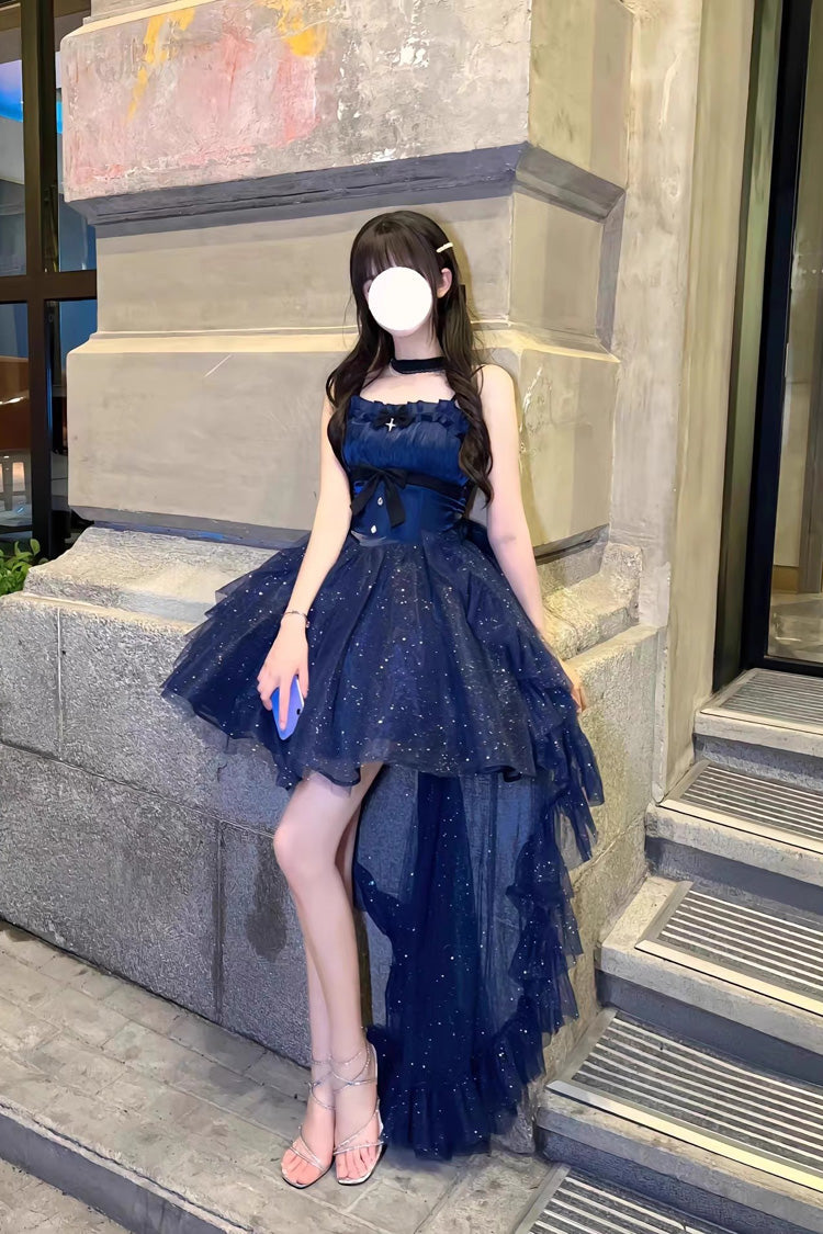 Blue Shining Bowknot Irregular Sweet Princess Gorgeous Lolita Jsk Dress (Include Train) - Product - 3
