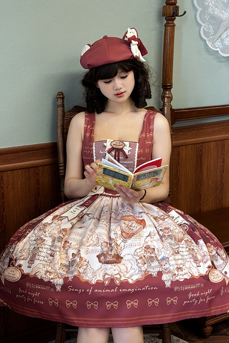 Wine Red [Fox Band] Print Square Collar Bowknot Classic Lolita Jumper Dress - Product - 2