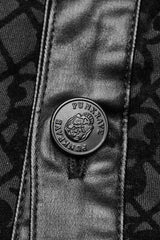 Black Floral Print Faux Leather Stitching Skull Button Decorated Mens Gothic Blouse - Product - 8