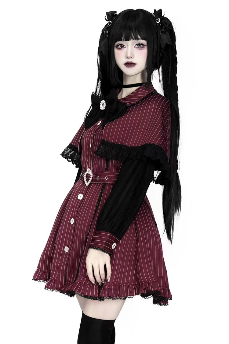 Red Long Sleeves Stripe Print Removable Cape Ruffle Lace Gothic Jirai Kei Elegant Dress - Product - 2