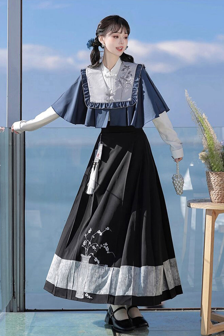 Black/Blue Round Collar Long Sleeves Print Slim Women's Classic Hanfu Dress Three-piece Set - Product - 3