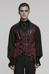 Black/Red Lapel V-neck Sleeveless Jacquard Buckle Men's Gothic Vest - Black/Red - 1