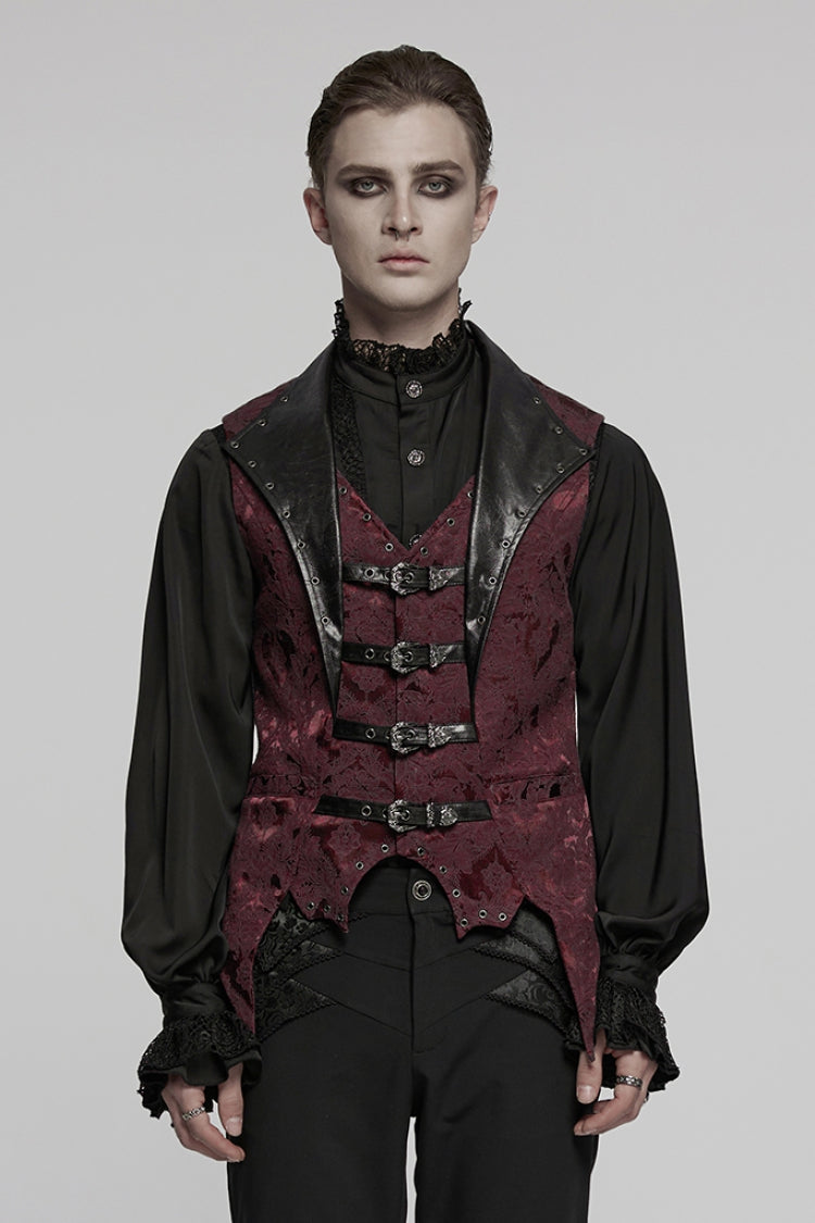 Black/Red Lapel V-neck Sleeveless Jacquard Buckle Men's Gothic Vest - Black/Red - 1