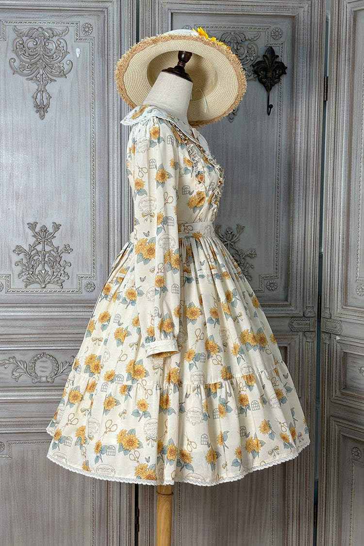 Apricot [Gardening Sunflower] Long Sleeves Print Ruffle Bowknot Sweet Elegant Lolita Dress - Product - 11